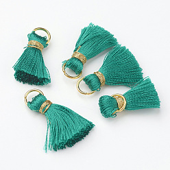 Средний Морско-зеленый Нейлон кисточка кулон украшение, с латунной фурнитурой , золотые, средний морской зеленый, 23~27x5 мм, отверстие : 4 мм