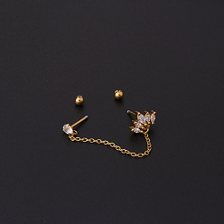 Crown Серьги-хрящи из латуни с прозрачным кубическим цирконием и цепочкой с кисточками, 316l асимметричные серьги из нержавеющей стали для женщин, золотые, корона, 6x3 мм, штифты : 0.8 мм