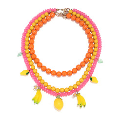 Dark Orange Alloy Enamel & Resin Lemon Banana Tassel 3 Layer Bib Necklaces for Women, Light Gold, Dark Orange, 18.11~24.21 inch(46~61.5cm), about 3pcs/set