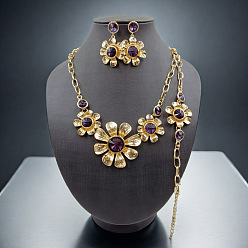 Фиолетовый Бархат Ожерелье из цветочного сплава со стразами, серьги-гвоздики и браслеты-звенья, золотые, пурпурного бархата, 450 мм