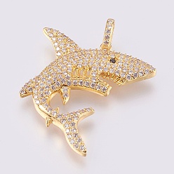 Golden Brass Micro Pave Cubic Zirconia Pendants, Shark Shape, Clear, Golden, 27x28x3mm, Hole: 3x5mm