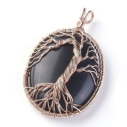 Obsidian Natural Obsidian Big Pendants, with Rose Gold Tone Brass Findings, Oval with Tree of Life, 56~58.5x35~36x12~13.8mm, Hole: 4.2~5.2x4.6~6mm