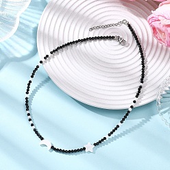 Нержавеющая Сталь Цвет Ожерелья из натуральных пресноводных ракушек, лунных звезд и граненых круглых бусин из натуральной черной шпинели для женщин, цвет нержавеющей стали, 16.14 дюйм (41 см)