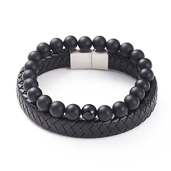 (946F)Морозный цвет внутри  Жонкиль / Непрозрачная зеленая подкладка Браслеты из эластичного браслета и браслеты из кожи, штабелируемые браслеты, бусины из натурального черного агата (крашеные), 304 магнитные застежки из нержавеющей стали и картонная коробка, 2-1/8 дюйм (5.5 см), 8-1/4 дюйм (21 см), 2 шт / комплект