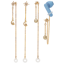 Золотой Серьги-гвоздики с кисточками из латуни с прозрачными кубическими цирконами, с латунной цепочкой и силиконовыми стопорными кольцами, Луна и плоский круглый, золотые, 143~150 мм