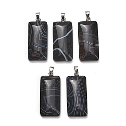 Agate Bandée Pendentifs en agate noire naturelle, charme rectangle, avec 304 mousqueton en acier inoxydable sur les balles, couleur inox, teints et chauffée, 44~45x19~20x8~9mm, Trou: 7.5x4mm