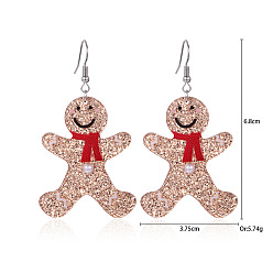 Gingerbread Man Рождественские серьги-подвески из сплава со стразами, с эмалью, акрилом, смолой и тканью, платина, Колобок, 68x37.5 мм