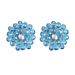 Sky Blue Stud Earrings, with Glass Beads and 304 Stainless Steel Stud Earring Findings, Flower, Sky Blue, 20~21mm, Pin: 0.8mm
