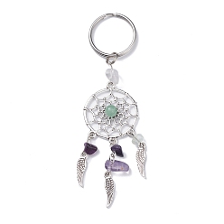 Fluorite Natural Chip Fluorite & Green Aventurine Keychain, with Tibetan Style Pendants and 316 Surgical Stainless Steel Key Ring, Woven Net/Web with Feather, 107mm, Pendant: 82x28x7mm