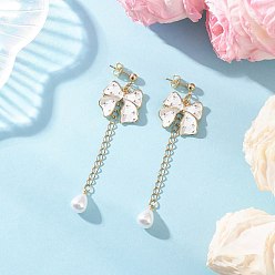 Белый Серьги-гвоздики с бантом из эмалевого сплава, с подвесками из пластика имитация жемчуга, золотые, белые, 75x21 мм