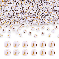 Letter J Непрозрачные акриловые бусины, с металлическим обрамлением, кубические, буква J, 4.5x4.5x4.5 мм, отверстие : 2 мм