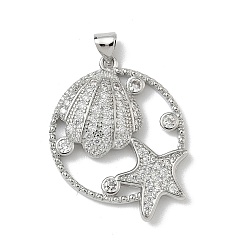 Shell Shape Латунные микро проложить кубического циркония подвески, плоско-круглые, платина, формы раковины, 30.5x24.5x5 мм, отверстие : 4x3.5 мм