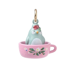 Sky Blue Spray Painted & UV Printed Brass Pendants, Cup with Penguin Charms, Golden, Sky Blue, 18x18x15mm, Hole: 4mm