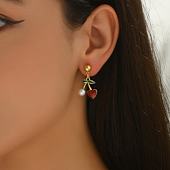 Вишня Латунные качают серьги, с имитацией жемчуга, золотые, с кубического циркония, вишня, 29x16 мм