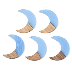 Cornflower Blue Opaque Resin & Walnut Wood Pendants, Moon, Cornflower Blue, 38x30x3mm, Hole: 2mm