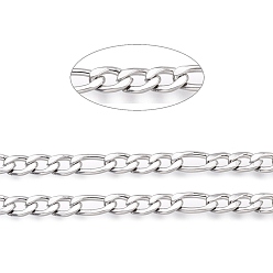 Stainless Steel Color 304 Stainless Steel Figaro Chain, with Spool, Unwelded, Stainless Steel Color, Link: 7.5x3.5x0.7mm and 5.5x3.5x0.7mm, about 32.8 Feet(10m)/roll