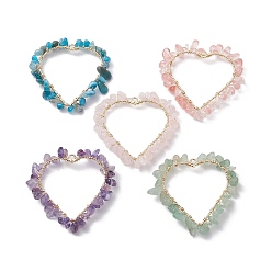 Mixed Stone Natural & Synthetic Mixed Gemstone Chip Copper Wire Wrapped Pendants, Brass Heart Charms, Real 18K Gold Plated, 36.5~38x38~39x6~7mm, Hole: 1.6mm