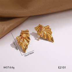 Clear 304 Stainless Steel Glass Stud Earrings, Leaf, Golden, Clear, 30x19mm