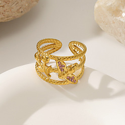 Cerise 304 Bagues ouvertes en acier inoxydable avec micro pavé de zircones cubiques, or, cerise, 17mm