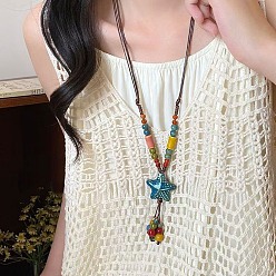 Steel Blue Bohemian Handmade Porcelain Star Pendant Adjustable Imitation Leather Cord Long Necklaces for Women, Steel Blue, 19.69~27.56 inch(50~70cm)