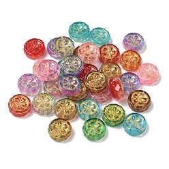 Mixed Color Baking Paint Transparent Glass Beads, Golden Metal Enlaced, Flat Round with Flower, Mixed Color, 15x6mm, Hole: 1.2mm