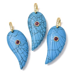 Synthetic Turquoise Synthetic Synthetic Turquoise Pendants, Feather, Golden, 36.5~37x17x8~9mm, Hole: 6x6.5mm