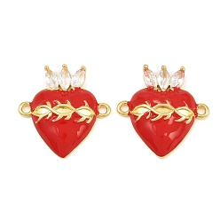 Red Brass Pave Clear Cubic Zirconia Connector Charms, Sacred Heart Links, with Enamel, Long-Lasting Plated, Rack Plating, Cadmium Free & Lead Free, Golden, Red, 22.5x22x5mm, Hole: 1.8mm
