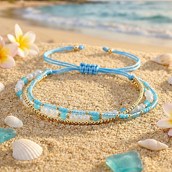 Небесно-голубой Многослойные браслеты в пляжном стиле, выполненные из латуни, стекла и бисера., Регулируемые браслеты из плетеного шнура Байлон для женщин, голубой, 7.87 дюйм (20 см)