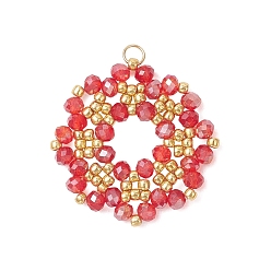 Красный Подвески гальванизируйте стекла, цветочный шарм, граненые, с бисером тохо, красные, 28~28.5x3.5 мм, Перейти кольцо: 4x0.5 мм, внутренний диаметр: 3.2 мм