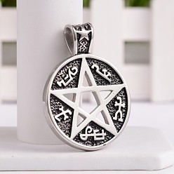 Antique Silver 304 Stainless Steel Pentacle Pendants, Flat Round with Star, Antique Silver, 50.5x38x4mm, Hole: 5.5x8mm