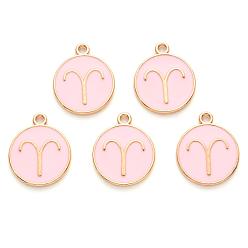 Aries Alloy Enamel Pendants, Cadmium Free & Lead Free, Flat Round with Constellation, Light Gold, Pink, Aries, 22x18x2mm, Hole: 1.5mm