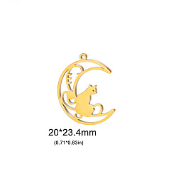 Золотой Кулон из нержавеющей стали, Луна с кошкой, золотые, 20x23.4 мм