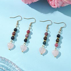 Золотой Подвески на День святого Валентина для женщин из натурального разноцветного турмалина и натурального розового кварца., сердце, золотые, 58.5x10.5 мм