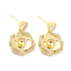 Real 18K Gold Plated Flower Shape Brass Micro Pave Cubic Zirconia Dangle Stud Earring Findings, Earring Settings for Half Drilled Beads, Long-Lasting Plated, Cadmium Free & Lead Free, Real 18K Gold Plated, 28x18mm