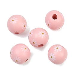 Pink Набивные деревянные европейские бусины, круглые с цветочным узором, бусины с большим отверстием, розовые, 16~16.5x14.5 мм, отверстие : 4.5 мм