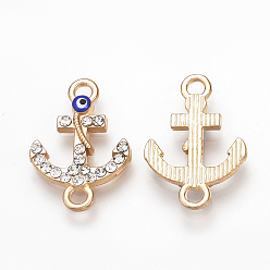 Light Gold Alloy Rhinestone Links connectors, Enamel Style, Anchor with Evil Eye, Blue, Light Gold, 20.5x14x2.5mm, Hole: 2mm