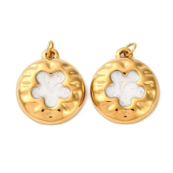 Белый 304 нержавеющей стальной эмали подвески, с целью перехода в кольце, ионное покрытие (ip), плоская круглая с подвеской в виде цветка, реальный 18 k позолоченный, белые, 17.5x15x2.5 мм, отверстие : 2.5 мм