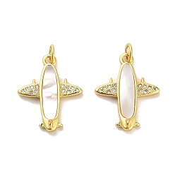 Настоящее золото 18K Латунные микропаве прозрачные подвески с фианитом, без кадмия и без свинца, с оболочкой, Перейти кольцо, самолет, реальный 18 k позолоченный, 21x17x4 мм, отверстие : 3.5 мм