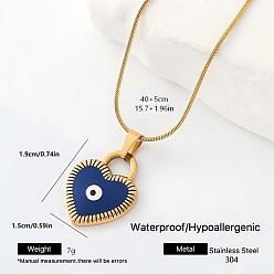 Blue 304 Stainless Steel Enamel Evil Eye Heart Pendant Necklaces for Men Women, Golden, Blue, 15.75 inch(40cm)