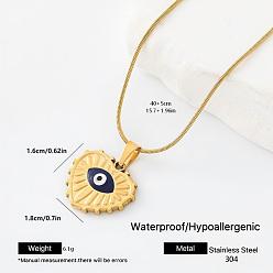 Blue 304 Stainless Steel Enamel Evil Eye Heart Pendant Necklaces for Men Women, Golden, Blue, 15.75 inch(40cm)