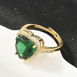Green Heart Brass Micro Pave Cubic Zirconia Cuff Open Rings for Women, with Glass, Cadmium Free & Lead Free, Rack Plating, Real 18K Gold Plated, Green, 18mm