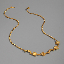 Настоящее золото 18K 304 Женские ожерелья-цепочки из нержавеющей стали со звездами, солнцем и луной, реальный 18 k позолоченный, 15.75 дюйм (40 см)