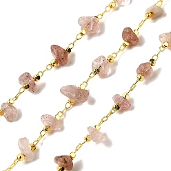 Клубничный Кварц Цепочки из бусин ручной работы из натурального клубничного кварца, пайки, с реечной обшивкой латунными выводами, долговечный, без свинца и без кадмия, с катушкой, реальный 18 k позолоченный, 3~8x2~4x3~4 мм