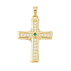 Настоящее золото 18K Латунные микропаве прозрачные подвески с фианитом, без кадмия и без свинца, крест прелести, реальный 18 k позолоченный, 29.5x20.5x3.5 мм, отверстие : 3.5x6 мм