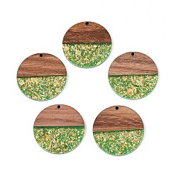 Зеленый лайм Подвески из непрозрачной смолы и орехового дерева, плоские круглые прелести, с блестящей пудрой и золотой фольгой, зеленый лайм, 38x3~4 мм, отверстие : 2 мм