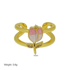 Flower Brass Micro Pave Clear Cubic Zirconia & Enemal Cuff Open Rings for Women, Golden, Flower, 15~20mm