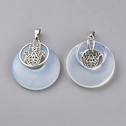 Опал Opalite подвески, с латунной фурнитурой платинового цвета, плоский круглый с hamsa рука / рука fatima / рука miriam, 32~32.5x28x7~7.5 мм, отверстие : 5x8 мм