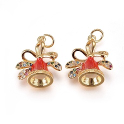 Golden Brass Micro Pave Cubic Zirconia Pendants, with Enamel and Jump Ring, Christmas Bell, Red, Golden, 18x16x9mm, Hole: 3.5mm