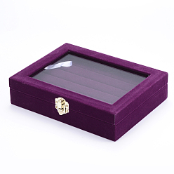 Purple Wooden Rectangle Ring Boxes, Covered with Velvet, with Glass and Iron Clasps, Purple, 20.2x15.1x4.9cm