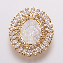 Real 18K Gold Plated Brass Micro Pave Cubic Zirconia Pendants, with Shell Carved Virgin, Long-Lasting Plated, Oval, Real 18K Gold Plated, 37x32x6mm, Hole: 3x5mm